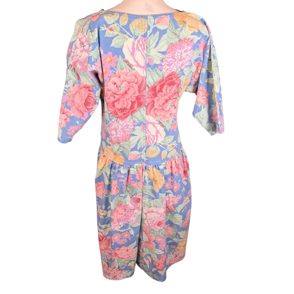 Vintage 80s Cherokee Drop Waist Chore Pocket Floral Midi Dress 7/8 Cottage Retro - Picture 3 of 12
